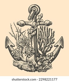 Vintage sea anchor in old engraving style. Marine concept. Sketch vector illustration
