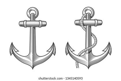 Vintage sea anchor with a rope. Hand drawn vector