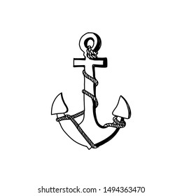 Vintage sea anchor with a rope. Hand drawn vector