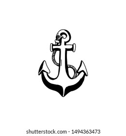 Vintage sea anchor with a rope. Hand drawn vector