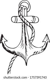 Vintage, sea anchor with a rope. Hand drawn, vector