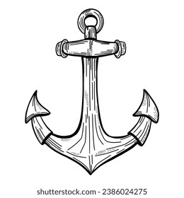 Vintage sea anchor with rope. Hand drawn vector. Isolated on a white background. Sketch.