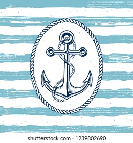Vintage sea anchor with a rope, isolated on strip background with grunge texture.Hand drawn in a graphic style.
