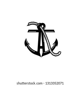 Vintage sea anchor with a rope, isolated on white background with grunge texture.Hand drawn in a graphic style - Vector - Vector 
