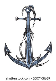 Vintage sea anchor with a rope. Nautical Anchor. Ships anchor vector isolated