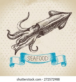 Vintage sea background. Hand drawn sketch seafood vector illustration of squid