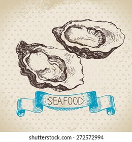 Vintage sea background. Hand drawn sketch seafood vector illustration of oysters