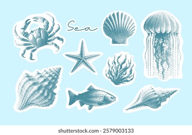 vintage sea elements collection, retro halftone photocopy style, seashell, jellyfish, starfish, crab, seaweed, stipple effect set illustration