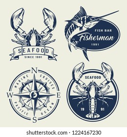 Vintage sea emblems collection with lobsters swordfish compass in monochrome style isolated vector illustration