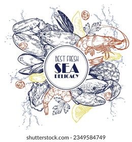 Vintage sea food frame vector illustration with shrimp, lobster, crab, oysters, herbs and lemon. Hand drawn in ink. Illustration for a fish restaurant menu.