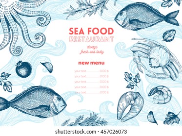 Vintage Sea Food Frame Vector Illustration. Hand Drawn With Ink. Vintage Fish Design Template. Fish Restaurant Menu