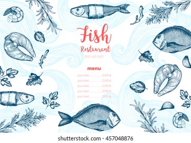 Vintage Sea Food Frame Vector Illustration. Hand Drawn With Ink. Vintage Fish Design Template. Fish Restaurant Menu