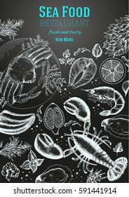 Vintage sea food frame vector illustration. Hand drawn with ink. Vintage seafood design template. Restaurant menu poster. Engraved style image