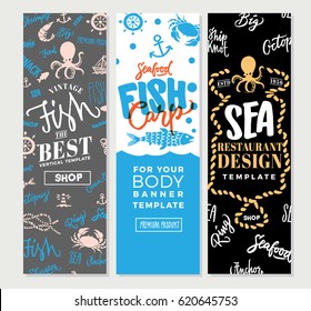Vintage sea food vertical banners with marine animals and nautical elements in hand drawn style vector illustration