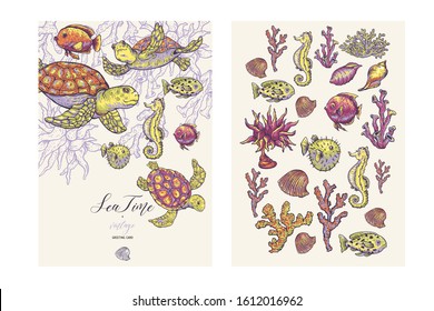 Vintage sea life natural greeting card, underwater vector illustration, fish, sea turtle, shells and seaweed. Nautical hand drawn design objects.