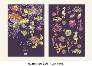 Vintage sea life natural greeting card, underwater vector illustration, fish, sea turtle, shells and seaweed. Nautical hand drawn design objects on black background..