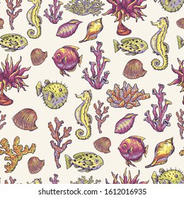 Vintage sea life natural seamless pattern, underwater vector texture, fish, sea horse, shells and seaweed. Nautical hand drawn wallpaper