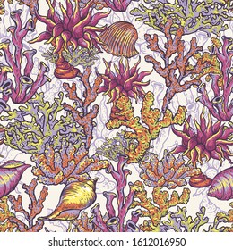Vintage sea life natural seamless pattern, underwater vector texture, fish, shells and seaweed. Nautical hand drawn design wallpaper.