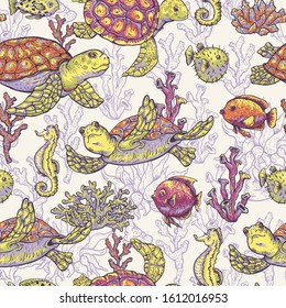 Vintage sea life natural seamless pattern, underwater vector texture, fish, sea turtle, shells and seaweed. Nautical hand drawn design objects.