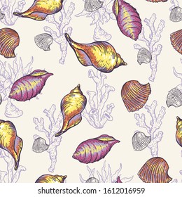Vintage sea life natural seamless pattern, underwater vector texture, shells and seaweed. Nautical hand drawn wallpaper.