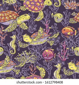 Vintage sea life natural seamless pattern, underwater vector texture, fish, sea turtle, shells and seaweed. Nautical hand drawn design objects on black background.