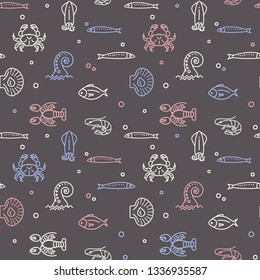 Vintage sea life pattern with simple line marine animal icons. Seamless vector background.