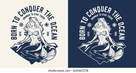 Vintage sea and marine emblem with beautiful mermaid in monochrome style isolated vector illustration