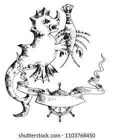 Vintage sea monster. Vignette with a sea dragon. Design on the  theme of pirates, adventures, discoveries, old sailboats.
Painted by hand. Vector. EPS10.