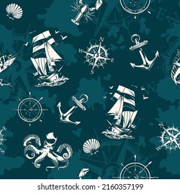 Vintage sea and nautical elements seamless pattern