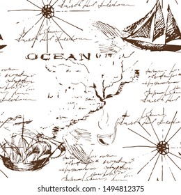 Vintage sea navigation map. Seamless pattern. Sketch. Hand drawing.