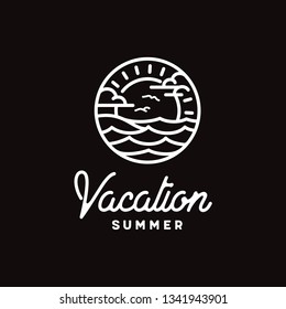 Vintage sea ocean wave with sun birds for Summer beach vacation label stamp logo design
