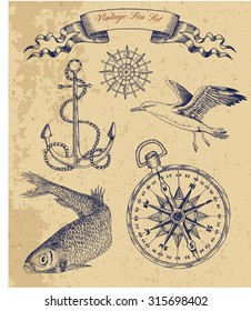 Vintage Sea Set With Fish, Gull, Anchor, Compass And Banner, Hand Drawn Illustration