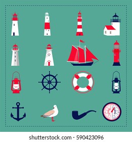 Vintage sea set with lighthouses, boat, oil lanterns, seagull, anchor, smoking pipe, lifebuoy. Vector illustration.