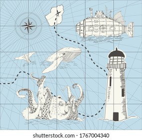 Vintage sea set on map background.