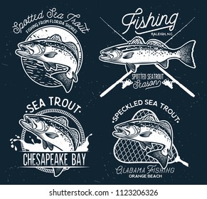 Vintage Sea Trout Fishing Emblems, Labels and Design Elements