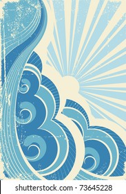 Vintage sea waves and sun. Vector illustration of sea landscape