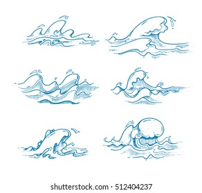 Vintage sea waves vector set in hand drawn, sketch, doodle style