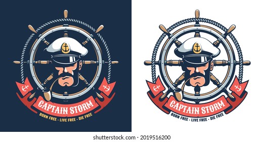 Vintage seafarer emblem. Captain seaman head with ship helm - retro logo. Vector illustration.