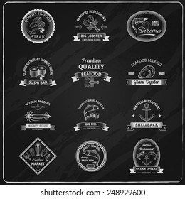 Vintage seafood badges chalkboard set with sushi lobster shrimp oyster isolated vector illustration