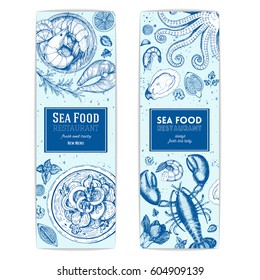 Vintage seafood banners set. Cooked seafood dish on the table top view. Engraved style image. Vector illustration hand drawn with ink