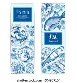 Vintage seafood banners set. Vector illustration hand drawn with ink. 
Cooked seafood dish on the table top view. Engraved style image.