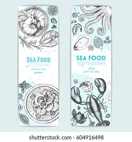 Vintage seafood banners set. Vector illustration hand drawn with ink. Cooked seafood dish on the table top view. Engraved style image.