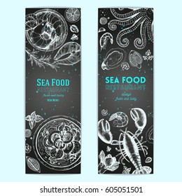Vintage seafood banners set. Vector illustration hand drawn with ink. Cooked seafood dish on the table top view. Engraved style image.