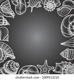 Vintage seafood frame vector illustration. Hand drawn Seashell with ink. Engraved style image