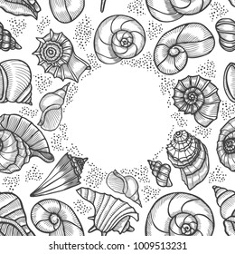 Vintage seafood frame vector illustration. Hand drawn Seashell with ink. Engraved style image