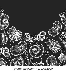 Vintage seafood frame vector illustration. Hand drawn Seashell with ink. Engraved style image