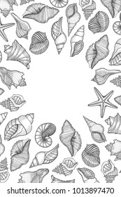 Vintage seafood frame vector illustration. Hand drawn Seashell with ink. Engraved style image