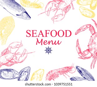 Vintage seafood frame vector illustration. Hand drawn with ink.