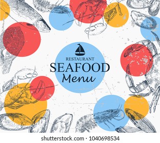 Vintage seafood frame vector illustration. Hand drawn with ink.