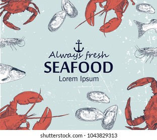 Vintage seafood frame vector illustration. Hand drawn with ink.